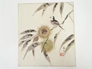 秋月筆　栗に小鳥図　肉筆色紙